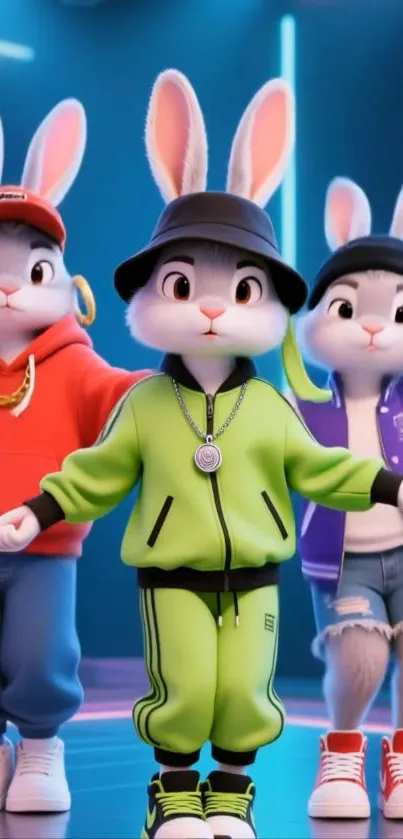 Three cartoon bunnies in vibrant street fashion.