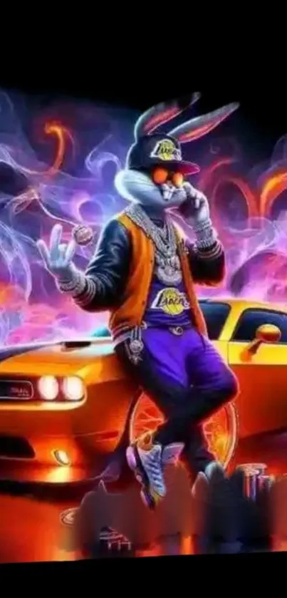 Stylish cartoon character with car and colorful smoke in dynamic wallpaper.