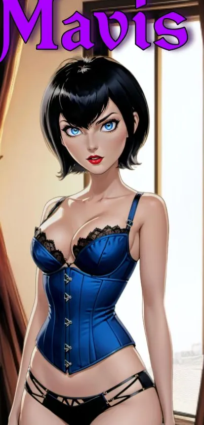 Stylish cartoon character in a blue corset set against a modern interior.