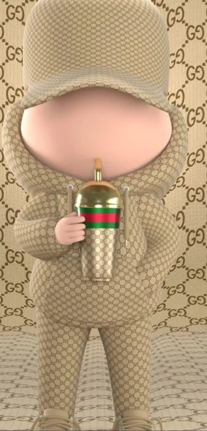 Cartoon character in luxury designer attire on patterned beige background.