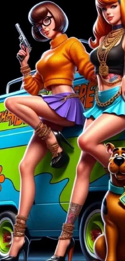 Retro cartoon characters with a vibrant van and dog.