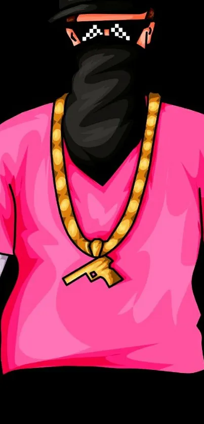 Cartoon character with pink shirt and gold chain.