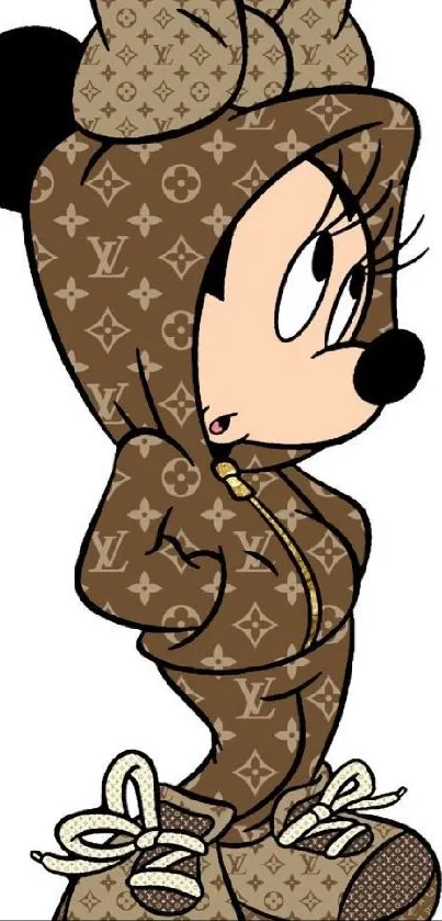 Cartoon character in a stylish designer outfit with brown tones.