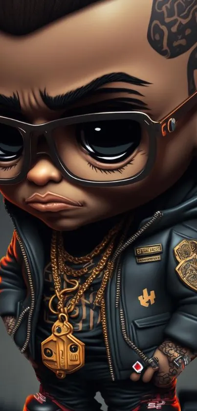 Stylish cartoon character with sunglasses, leather jacket, and tattoos.