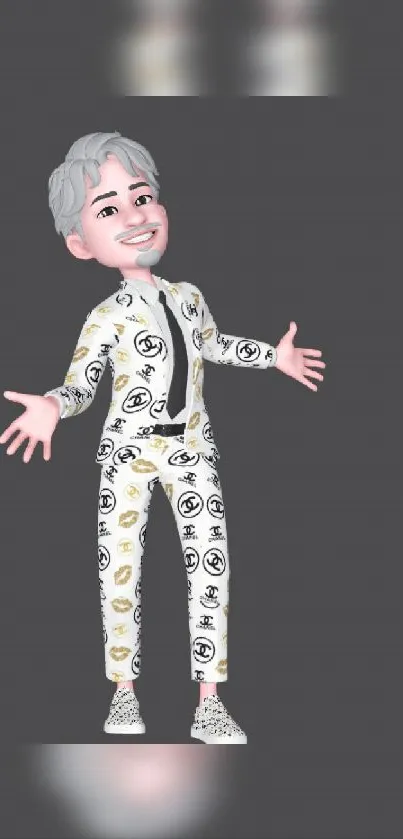 3D cartoon character in patterned attire on a gray background.