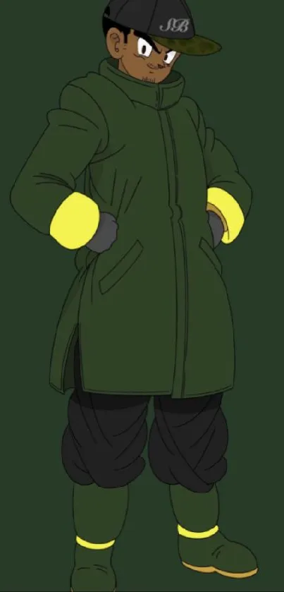 Cartoon character in green coat with black and yellow accents on dark background.