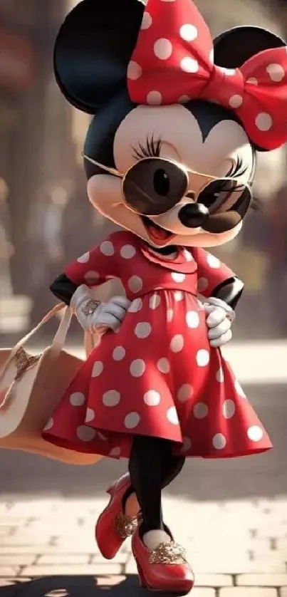 Cartoon character in red dress with polka dots, sunglasses, and big bow