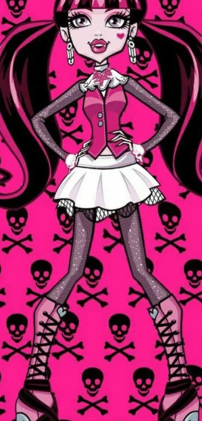 Cartoon character with pink skull background.