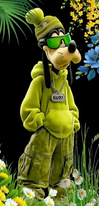Cartoon character with floral background and stylish outfit.