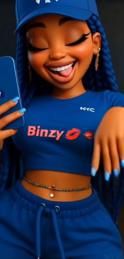 Vibrant cartoon character in blue attire holding a phone.