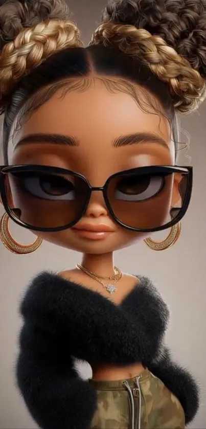 Chic cartoon character with sunglasses and trendy outfit for mobile wallpaper.