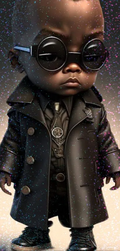 Cartoon character in black coat with sunglasses, stylish mobile wallpaper.