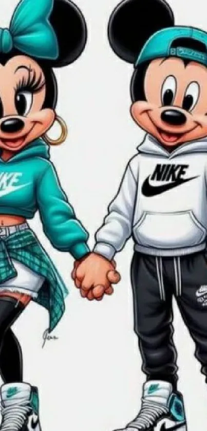 Mickey and Minnie wearing stylish outfits, holding hands.