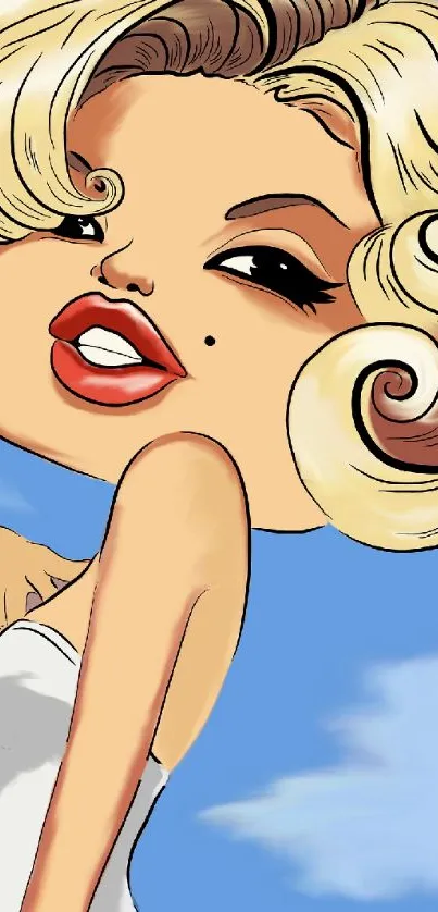 Cartoon diva with blonde hair under blue sky.