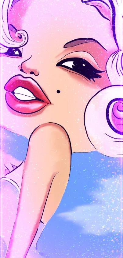 Stylized cartoon diva with a dreamy sky background.