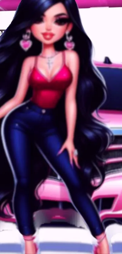 Fashionable cartoon character with black hair in front of pink car.