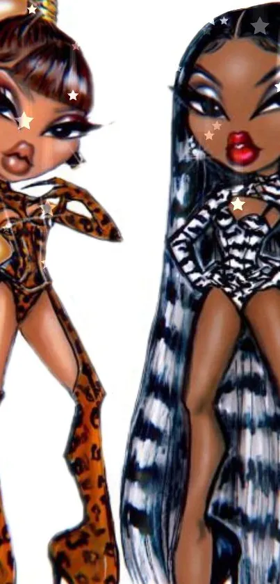 Stylish cartoon characters in leopard and zebra outfits.