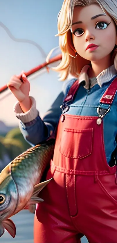 Cartoon girl fishing by a lake with a scenic background.