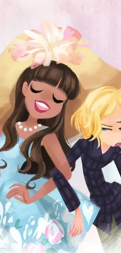 Stylish cartoon friends in pastel dresses, showcasing vibrant fashion.