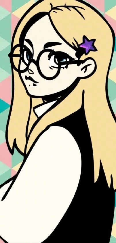 Stylish cartoon girl with glasses on a colorful geometric background.