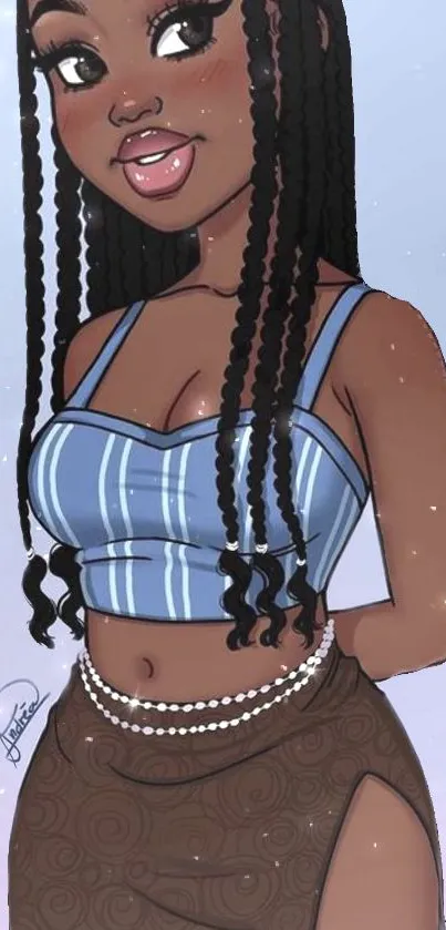 Cartoon girl with braids in blue top and brown skirt illustration.