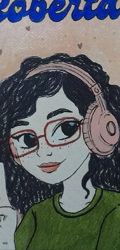 Cartoon girl with headphones and glasses making a peace sign.