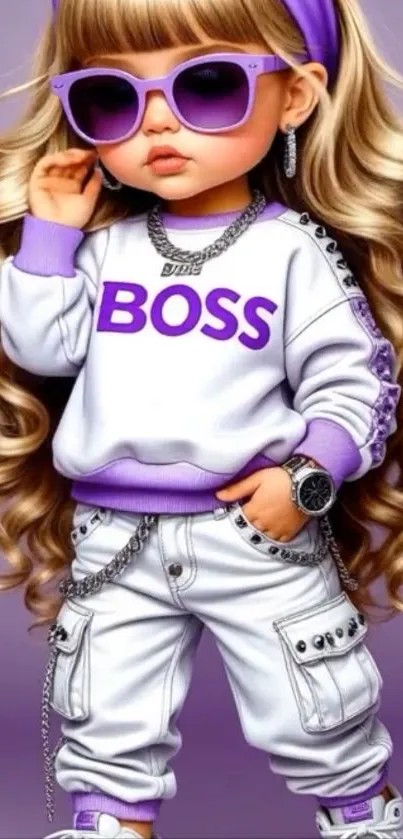 Stylish cartoon girl in trendy purple outfit with sunglasses and accessories.