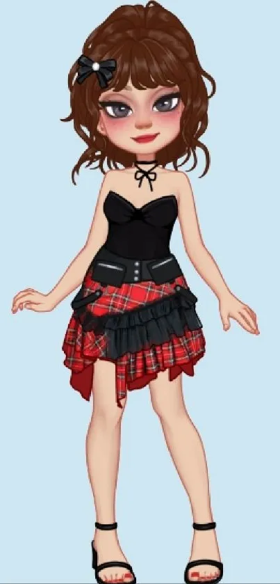 Cute cartoon girl in stylish outfit with red plaid skirt.