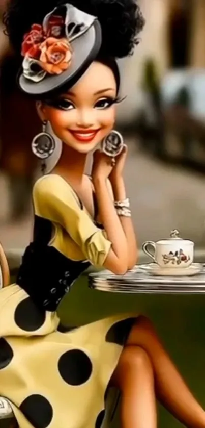 Cartoon lady in stylish hat and dress at cafe.
