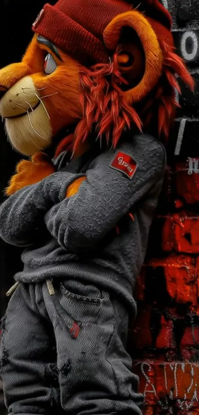 Cartoon lion standing coolly by a graffiti wall.