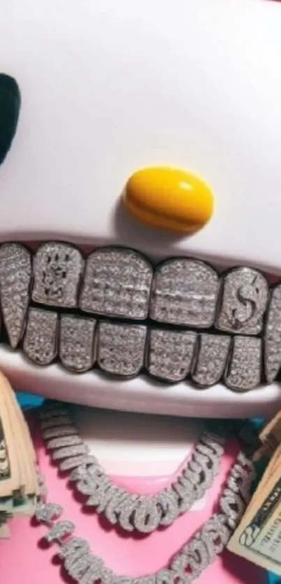 Cartoon character with diamond grill holding cash in luxurious style.