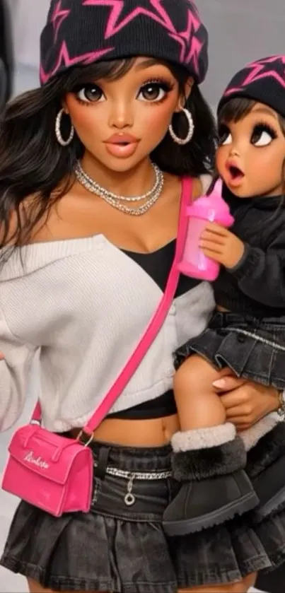 Trendy cartoon mother holding baby with matching outfits and accessories.