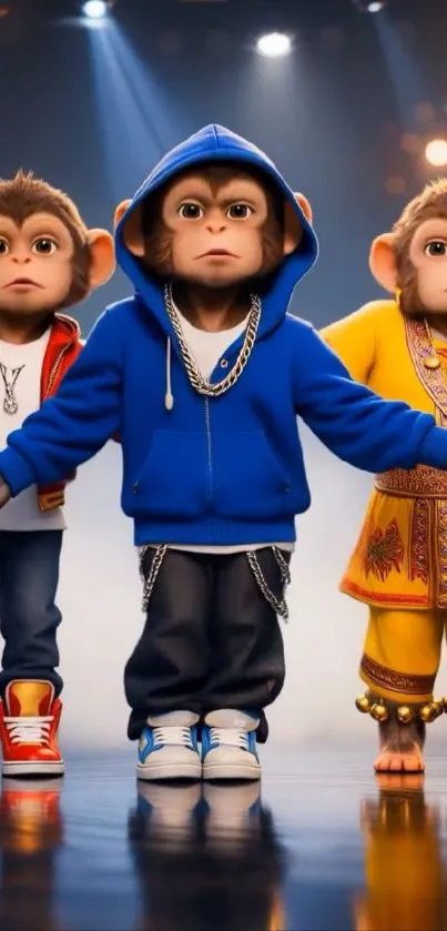 Three cartoon monkeys in colorful outfits.