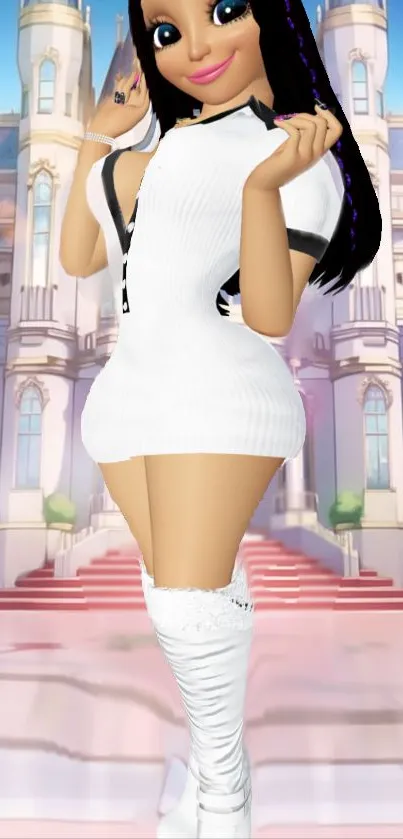 Cartoon princess in white dress phone wallpaper.