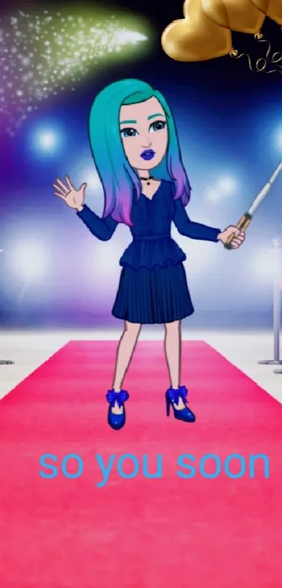 Cartoon avatar on a red carpet holding balloons.