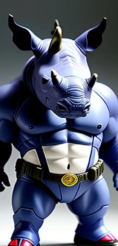 Stylized cartoon rhino in a heroic pose with a vibrant blue color scheme.