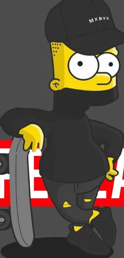 Cartoon skater in black outfit with skateboard on red background.