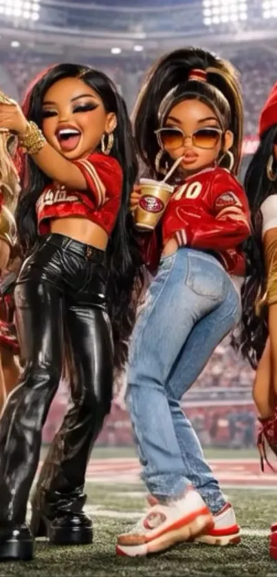 Colorful cartoon characters in sports attire at a stadium with vibrant detail.