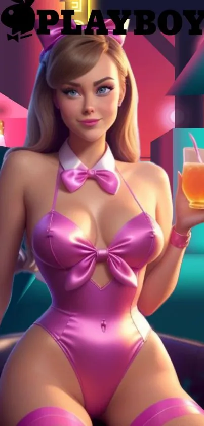 Cartoon woman in a pink outfit holding a drink, with a vibrant background.