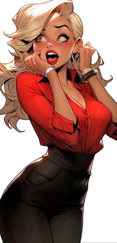 Stylish cartoon woman in red blouse, blonde hair, vibrant mobile wallpaper.