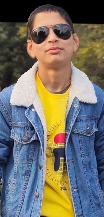 A stylish person in a denim jacket and yellow shirt against a nature backdrop.