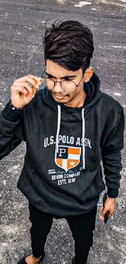 Casual fashion look with hoodie and glasses.