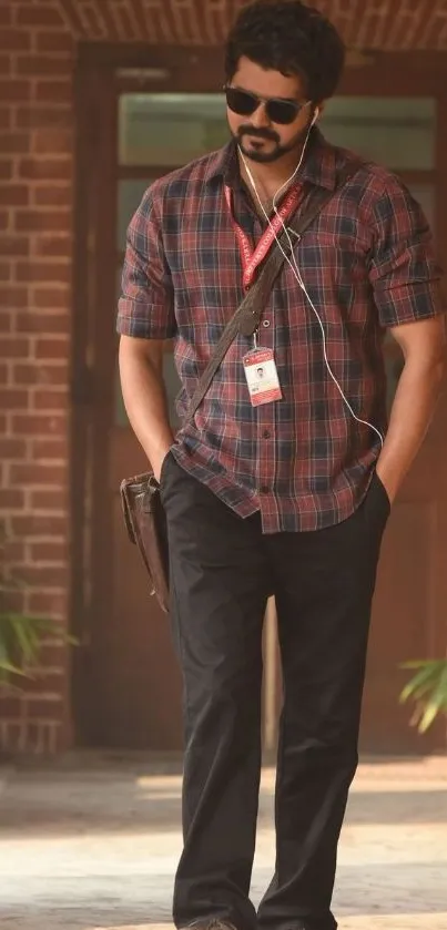 Man in plaid shirt and sunglasses casually walking outdoors.