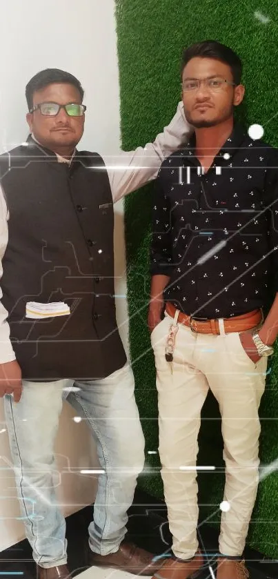 Two men standing with stylish casual outfits on green background.