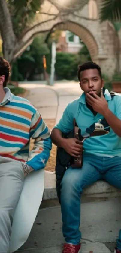 Two young men in stylish casual outfits sitting outdoors.