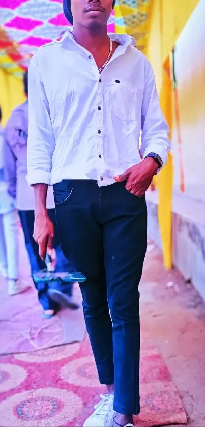 Vibrant street fashion with white shirt and jeans.