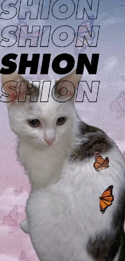 Stylish white cat with butterflies on a fashion-themed background.