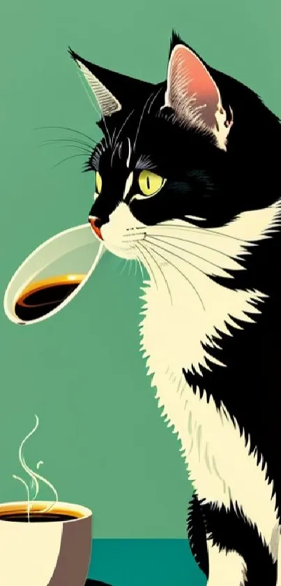 Minimalist cat with coffee cup art on green background.