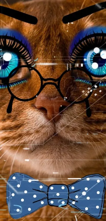 Funny cat with cartoon glasses and bow tie wallpaper.