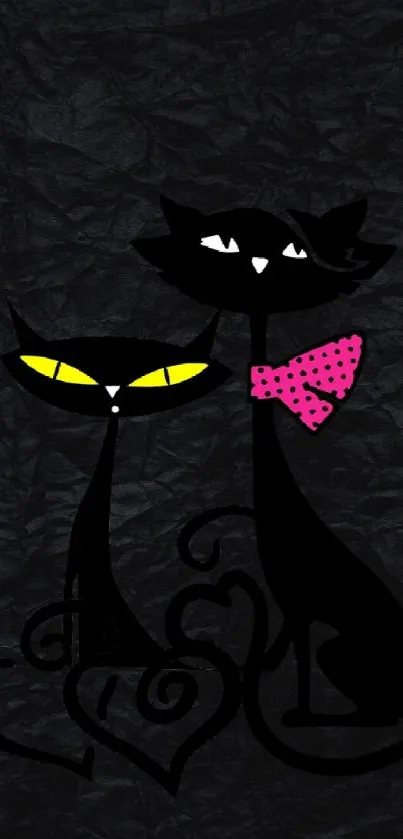 Stylish wallpaper of two black cats, one with a pink bow, on dark textured background.